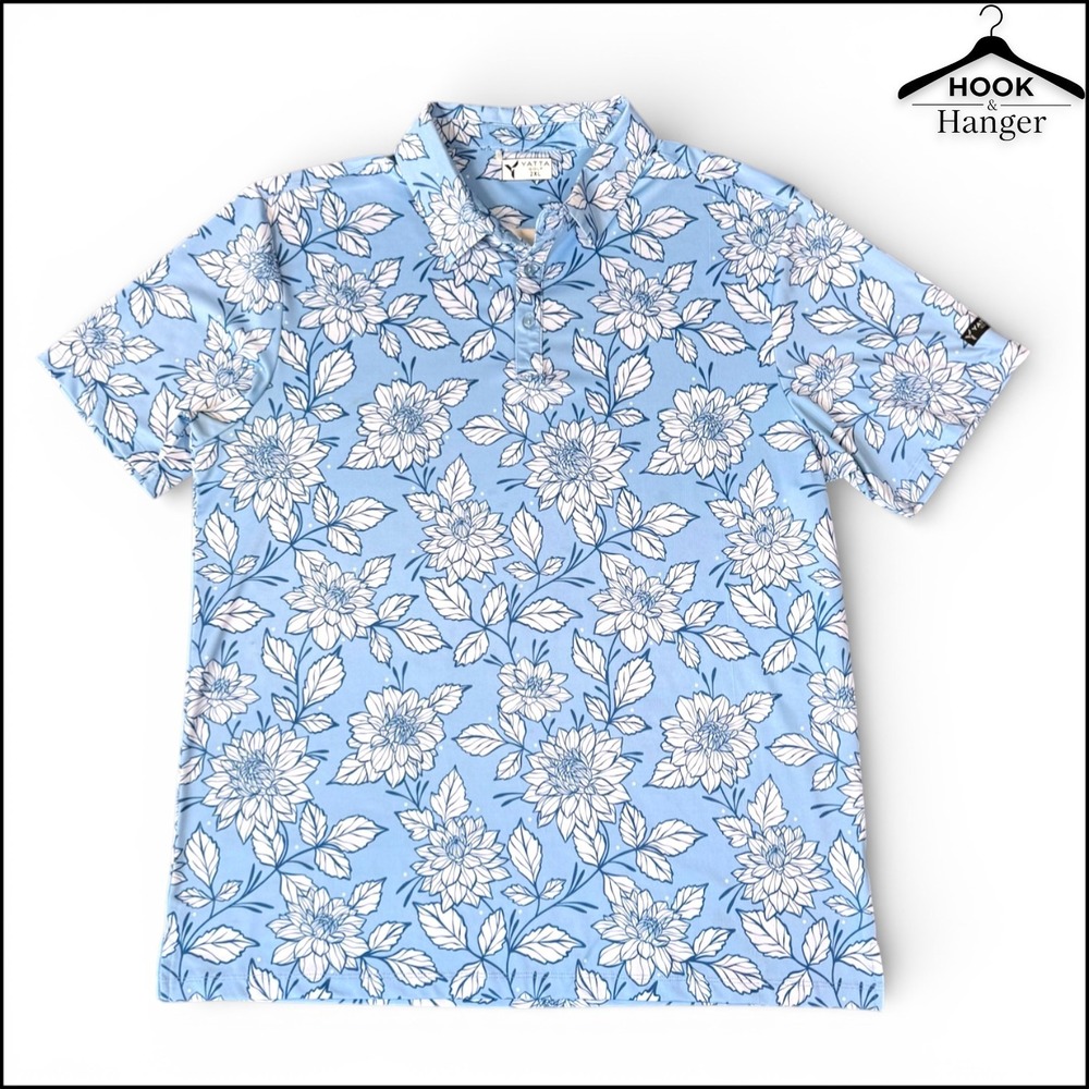 Yatta Golf Polo Shirt 2XL Dahlia Drive Blue Stretch UPF 40 Floral Performance‎